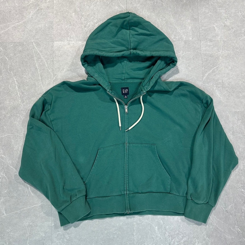 Gap Women Green Full Zip Cropped Hoodie Sweatshirt XL Boxy Fit 3953